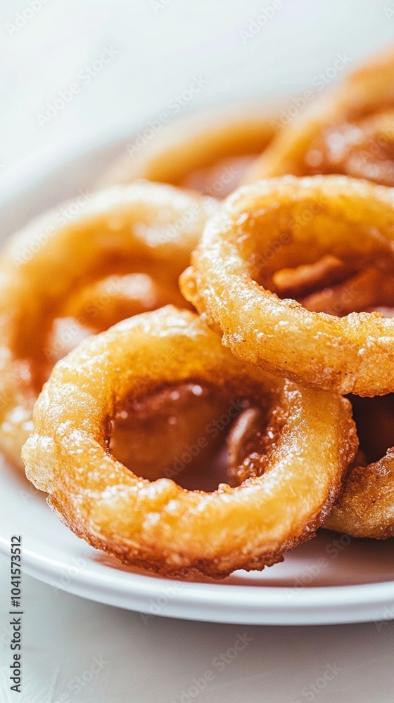 Golden, crispy onion rings piled high on a white plate, their circular shapes glistening with oil, ready to be devoured as a delicious appetizer or side dish. Golden, crispy onion rings piled high on a white plate, their circular shapes glistening with oil, ready to be devoured as a delicious appetizer or side dish.