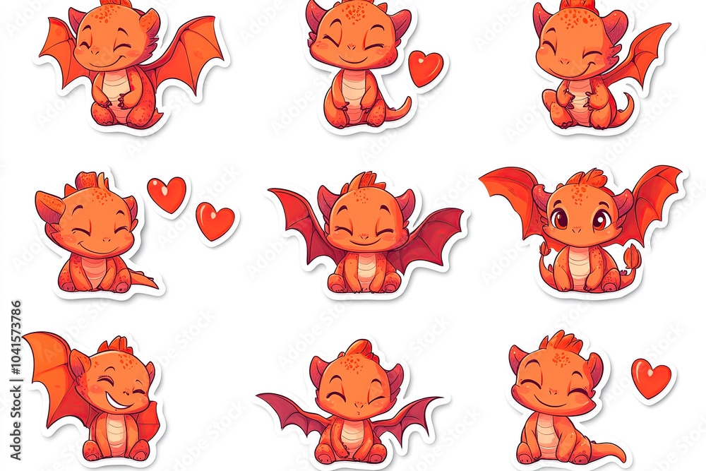 Obraz premium A cute little dragon in various poses, smiling and winking with hearts around it. Designed in a vector illustration style with a chibi character design, featuring simple lines, flat color blocks, and 