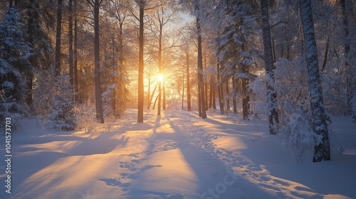 Winter solstice in a snowy forest depicting a serene natural scene Glimmering snow under a low sun as the earth is at its farthest tilt from the sun photo