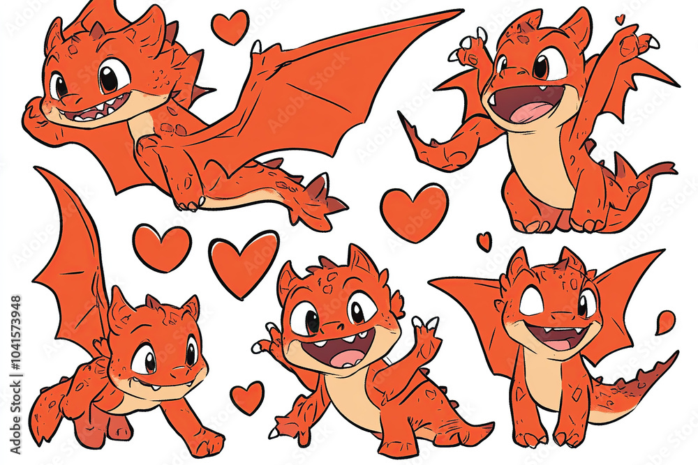 Winking Dragon A cute little dragon in various poses, smiling and winking with hearts ...