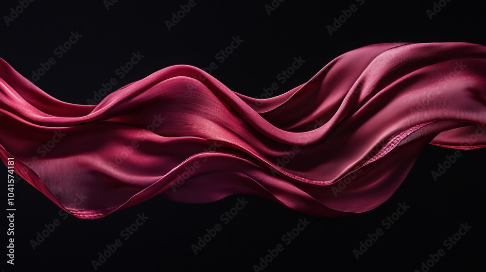 A flowing piece of crimson cotton fabric cascades through the air against a dark backdrop, creating an elegant and dynamic visual. 