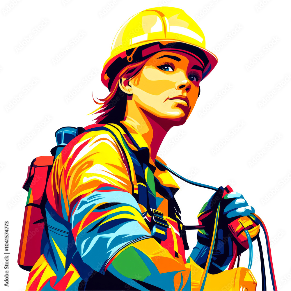 Obraz premium A woman construction worker in a hard hat and safety gear.