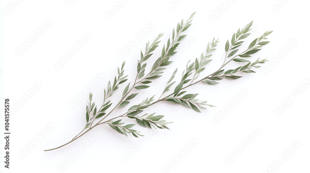 Green Branch with Leaves on White Background - Minimalist Nature Photography Green Branch with Leaves on White Background - Minimalist Nature Photography