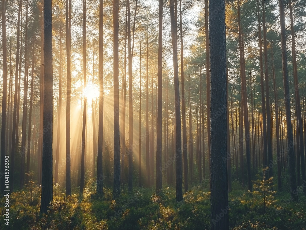 Morning in the forest. A breathtaking and serene forest scene at dawn, captured with soft sunlight streaming through tall trees.The minimalist style enhances the beauty of nature. Morning in the forest. A breathtaking and serene forest scene at dawn, captured with soft sunlight streaming through tall trees.The minimalist style enhances the beauty of nature.