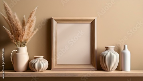 Elegant shelf display with frame and ceramic vases on a beige wall. Interior design concept. Generative AI photo