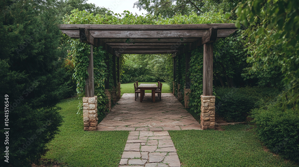 Serene Garden Pergola with Stone Pathway and Wooden Table Serene Garden Pergola with Stone Pathway and Wooden Table