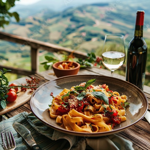 World Vegan Day A Delicious Vegan Pasta Dish with an Italian Countryside View photo