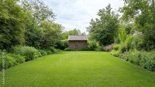 Serene Garden with Lush Green Grass and a Wooden Shed
