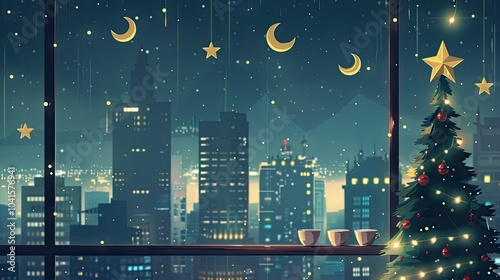 A Christmas tree and star decorations 