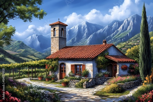 Serene Tuscan Villa with Cypress Trees, Vineyards, and Majestic Mountains in Vivid Digital Painting Style photo