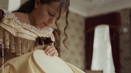 Tilt up shot of concentrated young aristocratic woman wearing classical dress and pearl necklace doing needlework in elegant 19th century parlor with floral walls and ornate curtains at daytime photo