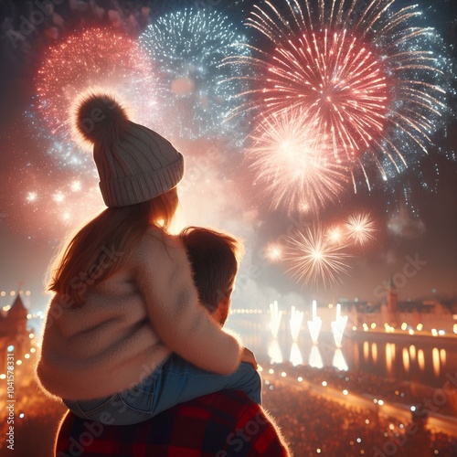 A little girl sitting on her father's shoulders marvels at a large fireworks display on New Year's Eve. photo