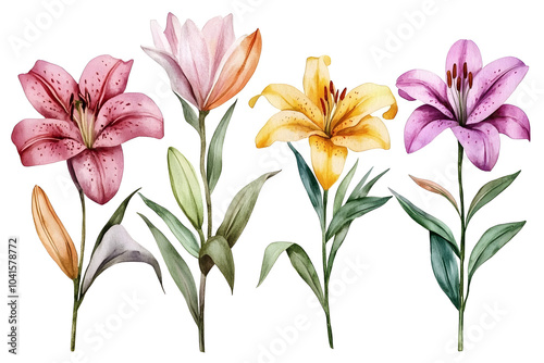 Watercolor lily flowers collection isolated on a white background	