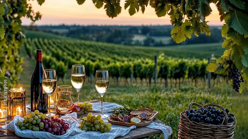 A picnic table set with wine and snacks sits amongst the grapevines of a vineyard at sunset
