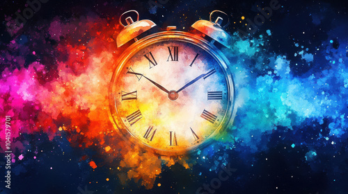 Wallpaper Mural A vibrant, cosmic clock blending colors, symbolizing the passage of time amidst a galaxy of swirling hues. Torontodigital.ca