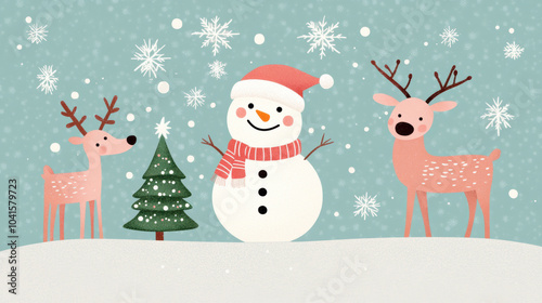 A cheerful winter scene featuring a snowman, two reindeer, and a Christmas tree amidst falling snow on a soft blue background.