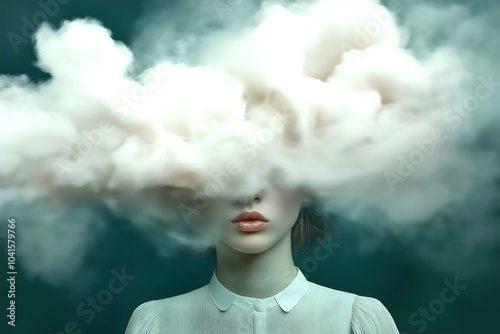 Woman with cloudy cotton wool head experiencing brain fog, menopause symptoms, overheating foggy thoughts, memory loss. photo