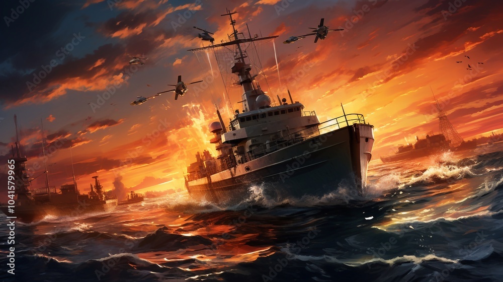 War concept. Night battle scene at sea. Dramatic toned clouds effect. Silhouette of the battle ship in night. Miniature creative table decoration. Selective focus War concept. Night battle scene at sea. Dramatic toned clouds effect. Silhouette of the battle ship in night. Miniature creative table decoration. Selective focus