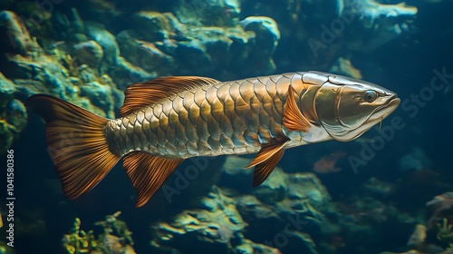 Majestic Arowana Fish Swimming Regally in Ornate Aquarium Symbolizing Prosperity and Power