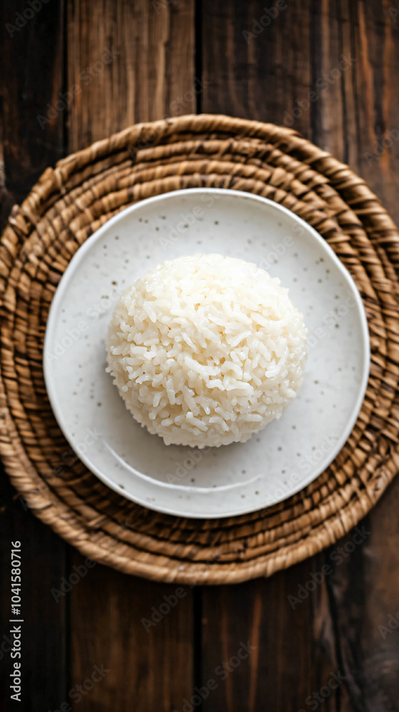 Perfectly steamed plate of white rice rests on a wicker placemat on a rustic wooden table Perfectly steamed plate of white rice rests on a wicker placemat on a rustic wooden table