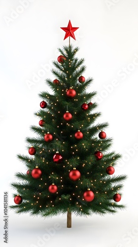 Decorated Christmas Tree with Red Ornaments and Star Isolated on White Background