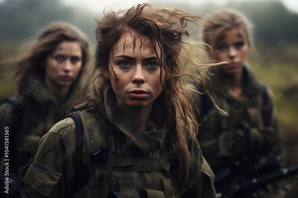 Fototapeta premium three female soldiers standing in a grassy field