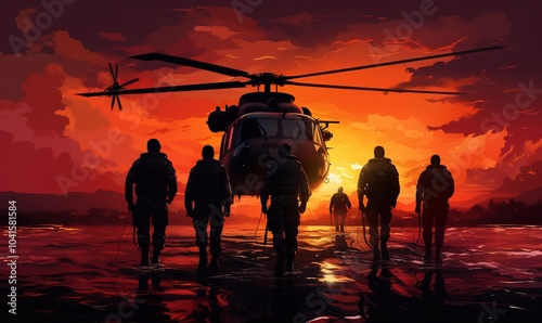 silhouette of military special force unit with helicopter in the background under sunset sky photo