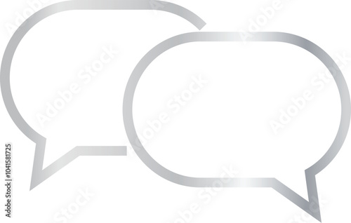Two overlapping 3x2 aspect ratio silver metallic dialogue boxes with oval shape. Blank outline message bubbles with sharp, downward-pointing triangular tail on the left on transparent background.