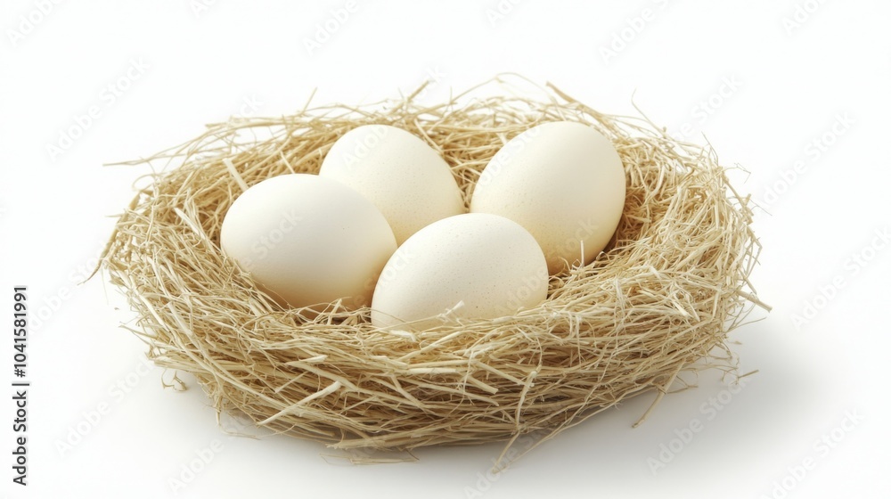 White chicken eggs arranged in a nest of straw grass White chicken eggs arranged in a nest of straw grass
