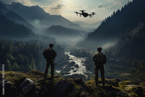 In the Military Staging Base Army Engineer and Soldiers Operate Military Grade Industrial Drone for their Reconnaisance Surveillance Mission Operation. Theater of Operation is in Forest Area. photo