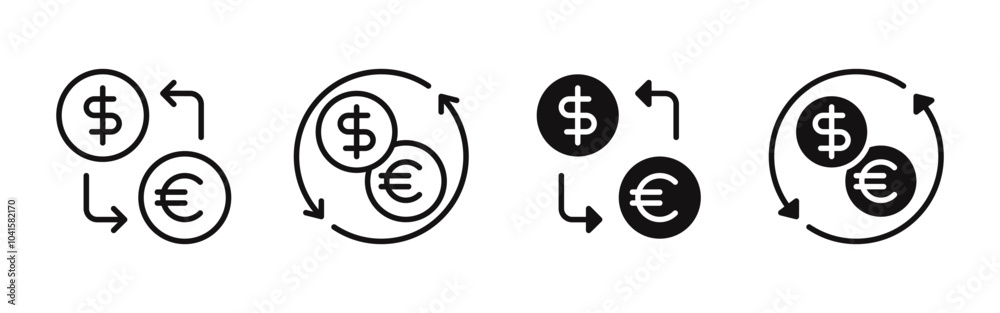 Currency exchange icons set. Arrows spin, convert money, transfer cash, financial exchange. Filled and outlined style. Vector illustration. Currency exchange icons set. Arrows spin, convert money, transfer cash, financial exchange. Filled and outlined style. Vector illustration.