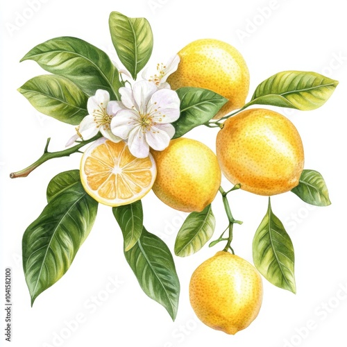 A lemon branch, several lemons, lemon leaves and flowers, watercolor hand painted