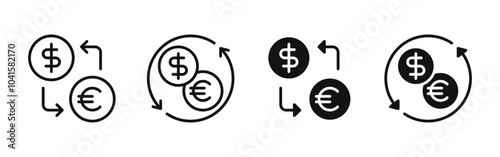 Currency exchange icons set. Arrows spin, convert money, transfer cash, financial exchange. Filled and outlined style. Vector illustration.
