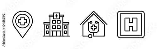 Hospital building, clinic, home care, and hospital location icon isolated on white background. Vector illustration.