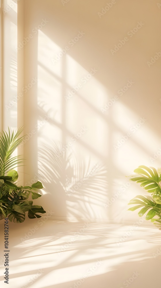 Minimalist Interior Design with Window Sunlight and Plant Shadows Minimalist Interior Design with Window Sunlight and Plant Shadows