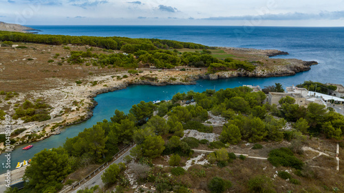 Aerial view in a narrow inlet in the sea. 