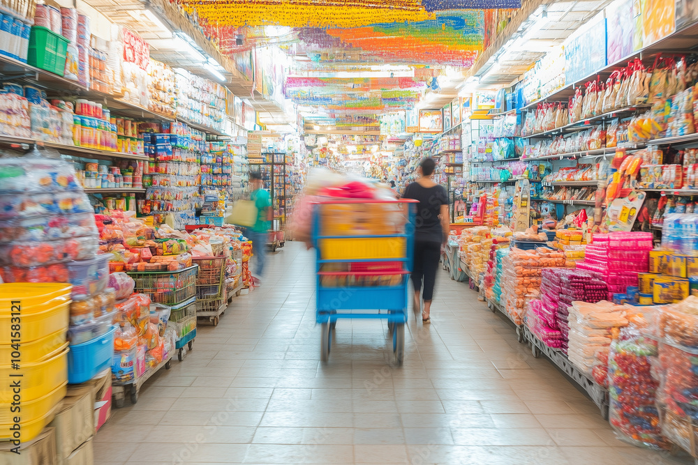 A trolley moving quickly through a bustling market, with a sense of fast motion and people shopping around, with copy space. Bright, vibrant lighting. A trolley moving quickly through a bustling market, with a sense of fast motion and people shopping around, with copy space. Bright, vibrant lighting.