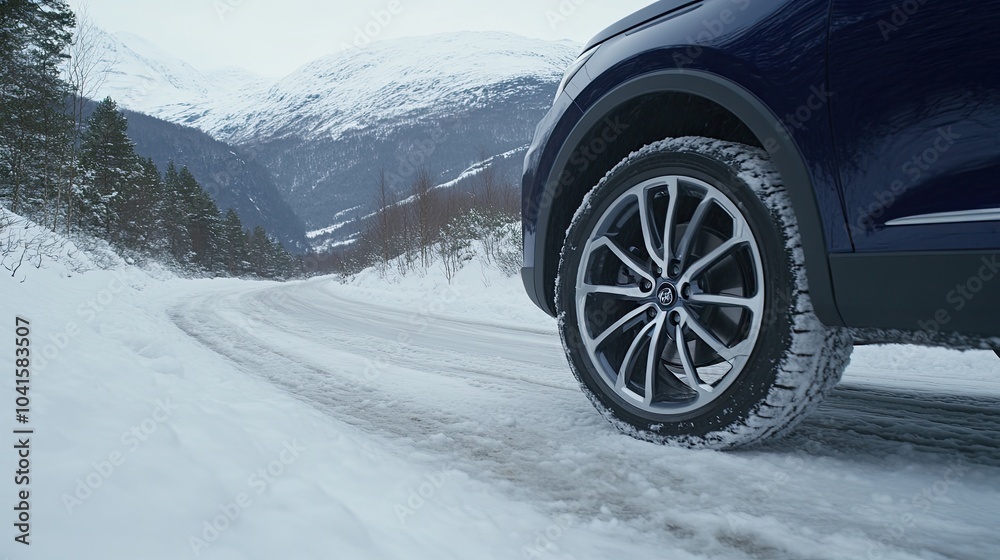 Naklejka premium A blue car equipped with winter tires drives along a snowy road surrounded by a tranquil winter landscape, showcasing tire details