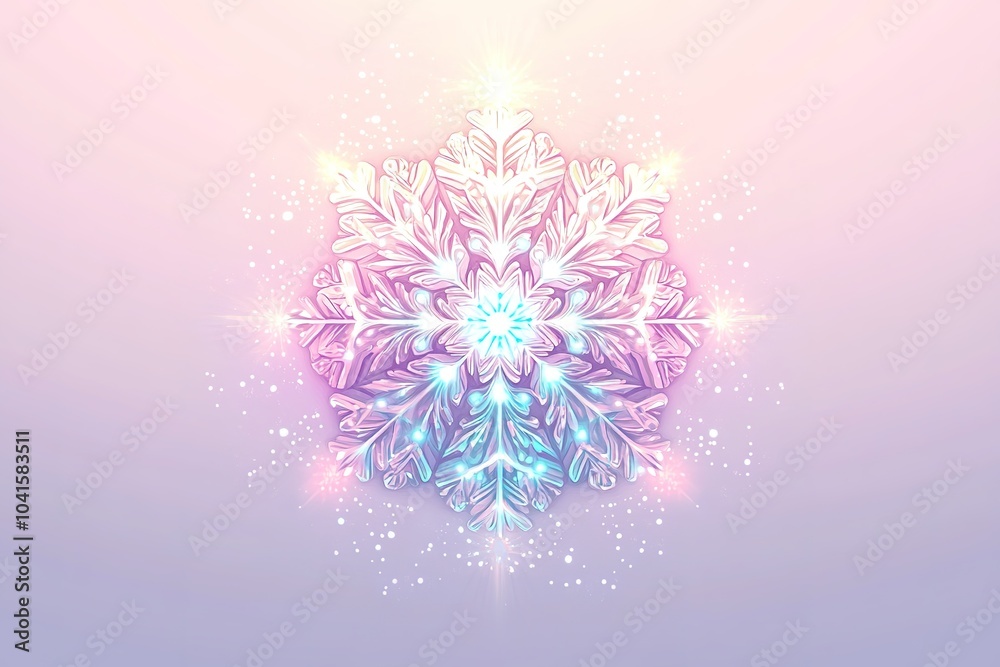 Illuminated snowflake with pink and blue hues on gradient backgr Illuminated snowflake with pink and blue hues on gradient backgr