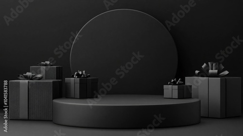 Wallpaper Mural Elegant gift boxes with bows on round podium. Dark monochrome composition. Minimalist style. Luxury presentation concept. Background for product display, banner, advertising with copy space Torontodigital.ca