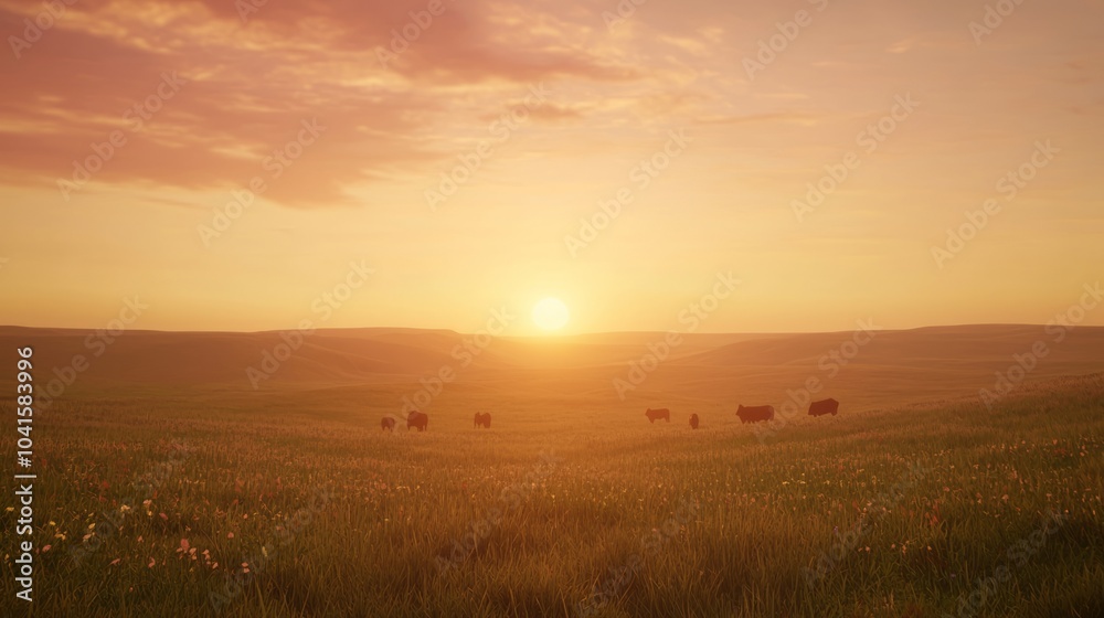 Golden Hour Harmony: Tranquil Wild West Sunset on Prairie with Grazing Cattle and Wildflowers, Cinematic Light Golden Hour Harmony: Tranquil Wild West Sunset on Prairie with Grazing Cattle and Wildflowers, Cinematic Light