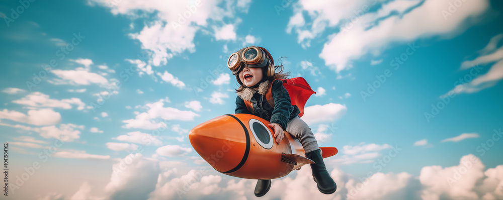 Joyful child dressed as a pilot flying on a toy rocket through the sky, symbolizing ambition, imagination, and limitless dreams Joyful child dressed as a pilot flying on a toy rocket through the sky, symbolizing ambition, imagination, and limitless dreams