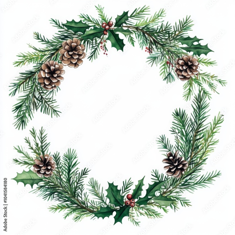 Watercolor winter greenery frame with simple crest shape in the middle, clipart Watercolor winter greenery frame with simple crest shape in the middle, clipart