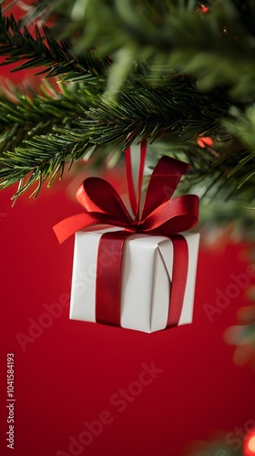 White Gift Box with Red Ribbon Hanging on Christmas Tree