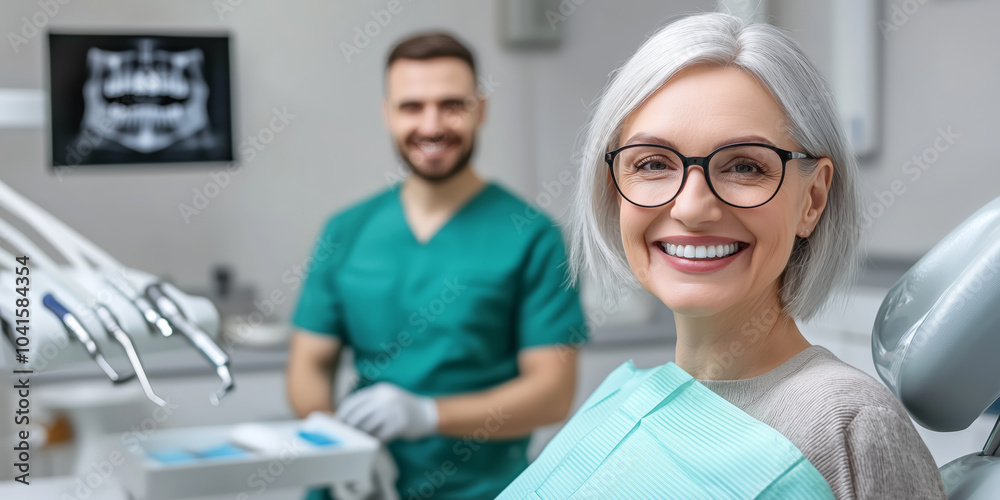 Fototapeta premium Happy senior woman with gray hair and glasses smiling in a dental chair, while a male dentist stands in the background, symbolizing professional healthcare, and patient satisfaction