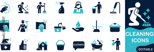  Cleaning icon set. Solid flat vector icons collection..