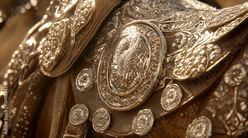 Western Elegance: Close-up of Cowboy's Intricately Crafted Leather Saddle with Silver Conchos under Cinematic Light photo