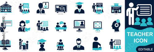  Teacher icon set solid flat vector icons collection.