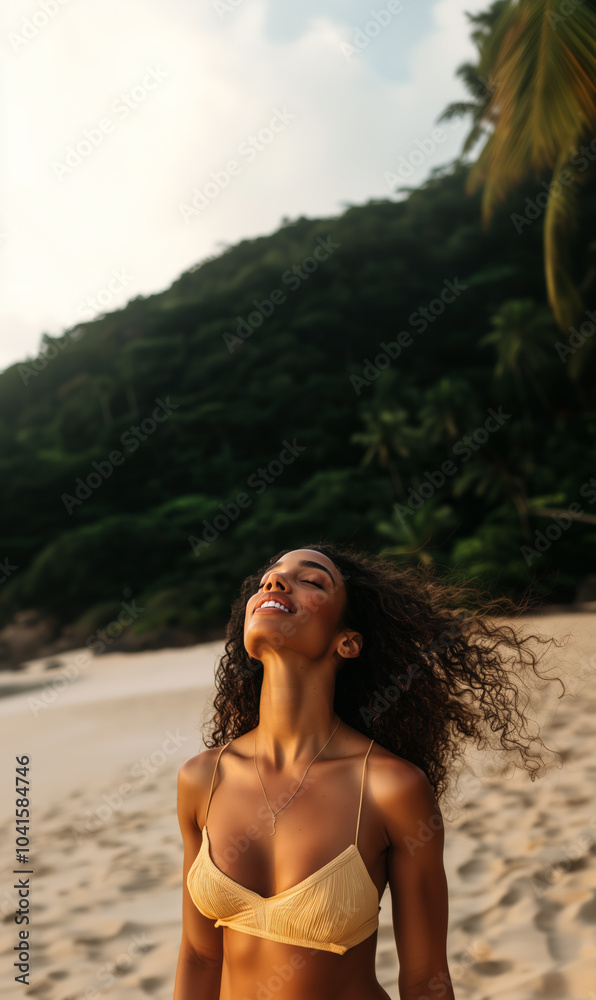 Joyful young woman embracing nature on a tropical beach, basking in the sunlight with a serene smile, representing a carefree, relaxed, and rejuvenating tropical getaway experience Joyful young woman embracing nature on a tropical beach, basking in the sunlight with a serene smile, representing a carefree, relaxed, and rejuvenating tropical getaway experience
