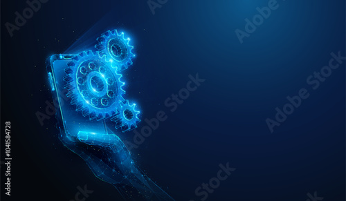 Abstract illustration of low poly gears over smartphone in hand. Blue geometric background depicting business success, innovation technology, investment strategy concept by wireframe mesh